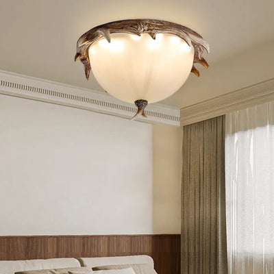 Contemporary Retro Antler Round Resin Iron Glass LED Flush Mount Ceiling Light For Bedroom