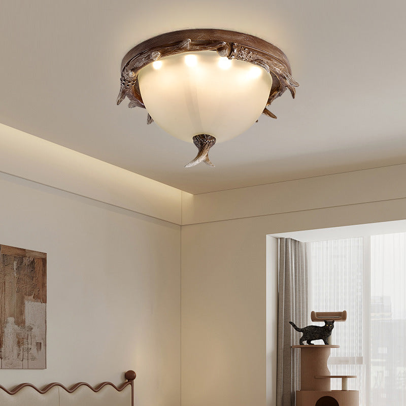 Contemporary Retro Antler Round Resin Iron Glass LED Flush Mount Ceiling Light For Bedroom