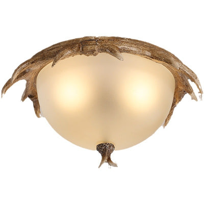 Contemporary Retro Antler Round Resin Iron Glass LED Flush Mount Ceiling Light For Bedroom
