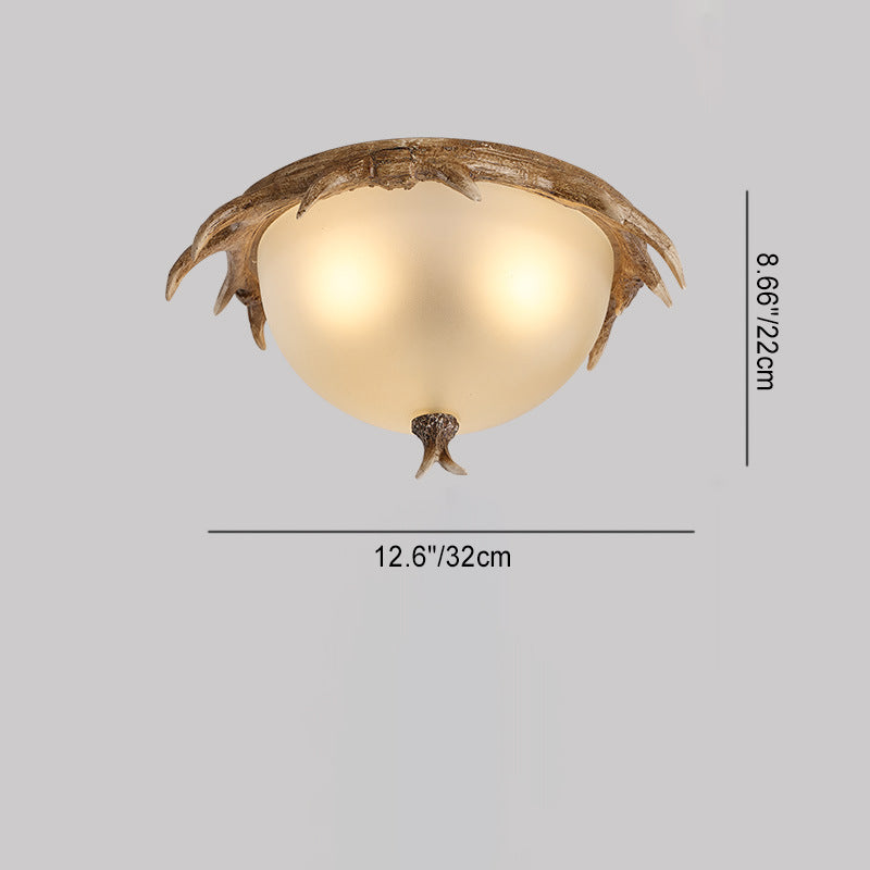 Contemporary Retro Antler Round Resin Iron Glass LED Flush Mount Ceiling Light For Bedroom
