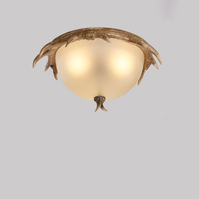 Contemporary Retro Antler Round Resin Iron Glass LED Flush Mount Ceiling Light For Bedroom