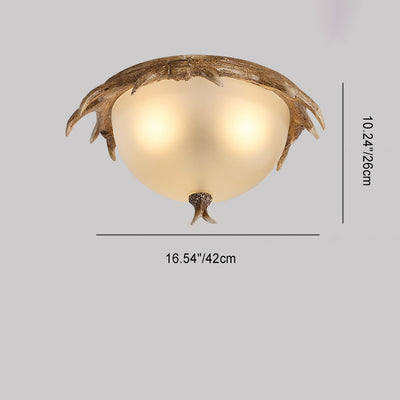 Contemporary Retro Antler Round Resin Iron Glass LED Flush Mount Ceiling Light For Bedroom