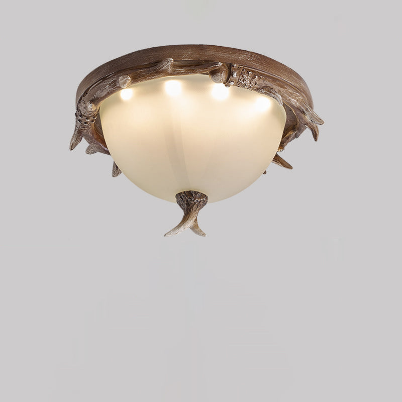 Contemporary Retro Antler Round Resin Iron Glass LED Flush Mount Ceiling Light For Bedroom