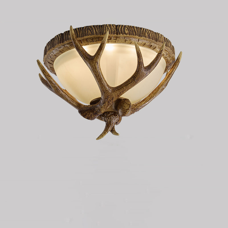 Contemporary Retro Antler Round Resin Iron Glass LED Flush Mount Ceiling Light For Bedroom