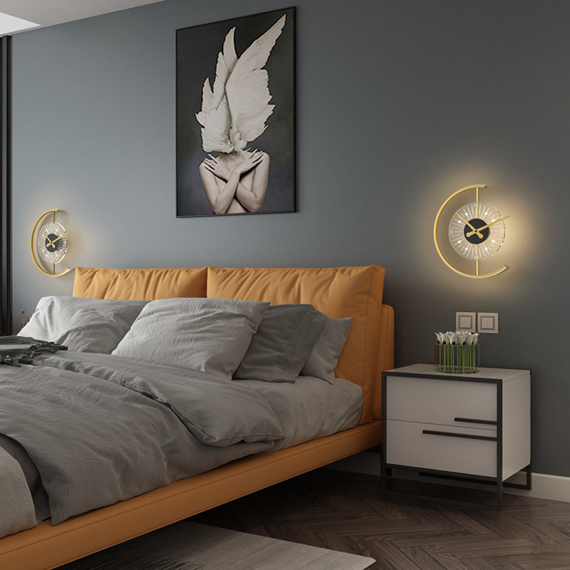Lámpara de pared con aplique LED de hierro acrílico en forma de reloj nórdico contemporáneo para dormitorio 