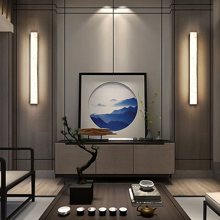 Traditionelle chinesische lange Streifen-Kupfer-Marmor-LED-Wandleuchte für das Wohnzimmer 