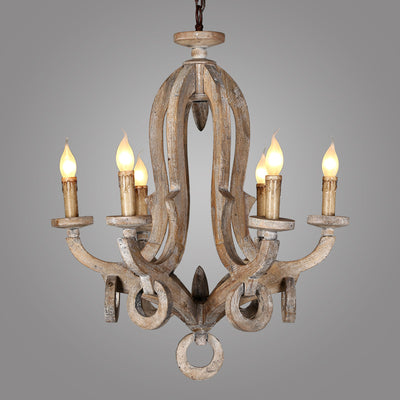 Traditional Rustic Candle Shape Full Wood 6 - Light Chandeliers For Dining Room