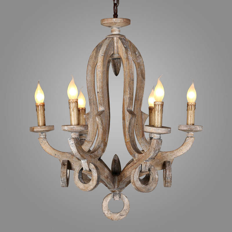Traditional Rustic Candle Shape Full Wood 6 - Light Chandeliers For Dining Room