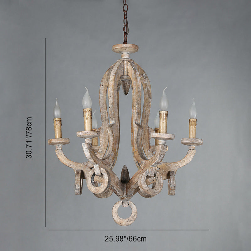 Traditional Rustic Candle Shape Full Wood 6 - Light Chandeliers For Dining Room
