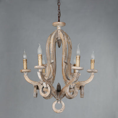 Traditional Rustic Candle Shape Full Wood 6 - Light Chandeliers For Dining Room