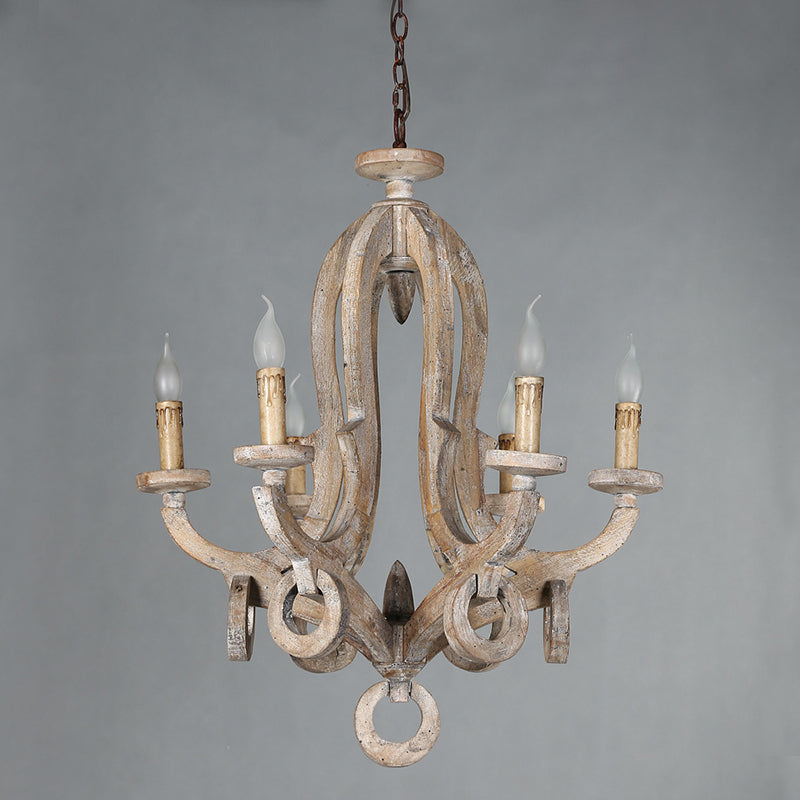 Traditional Rustic Candle Shape Full Wood 6 - Light Chandeliers For Dining Room