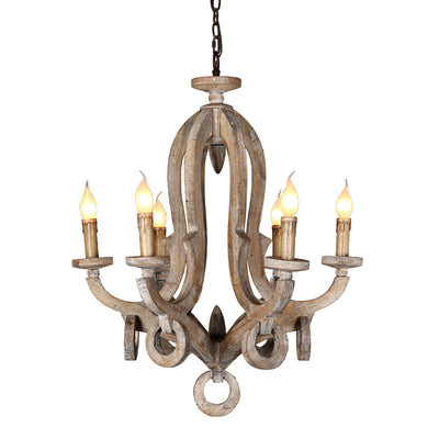 Traditional Rustic Candle Shape Full Wood 6 - Light Chandeliers For Dining Room