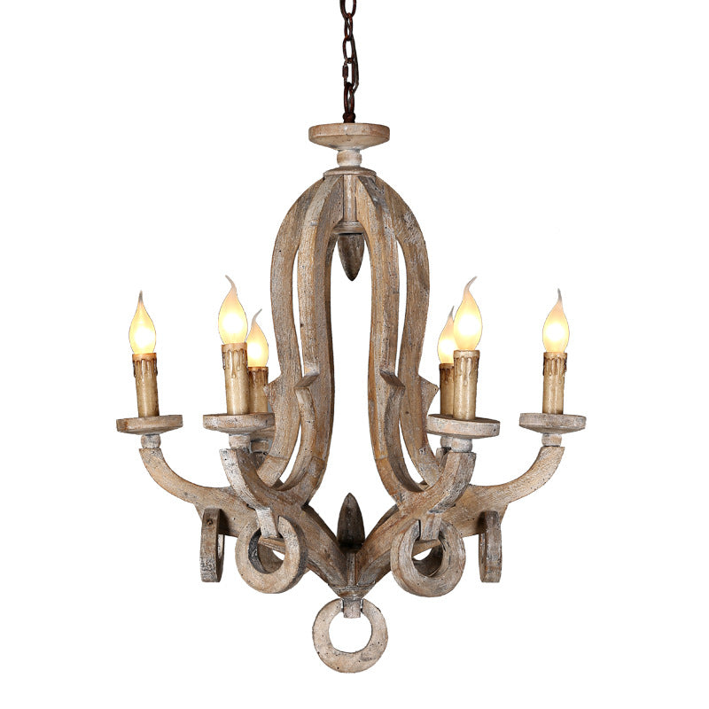 Traditional Rustic Candle Shape Full Wood 6 - Light Chandeliers For Dining Room