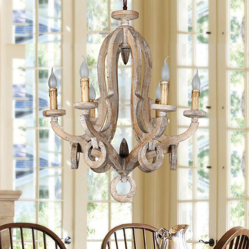 Traditional Rustic Candle Shape Full Wood 6 - Light Chandeliers For Dining Room