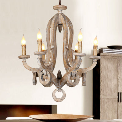 Traditional Rustic Candle Shape Full Wood 6 - Light Chandeliers For Dining Room