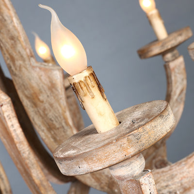 Traditional Rustic Candle Shape Full Wood 6 - Light Chandeliers For Dining Room