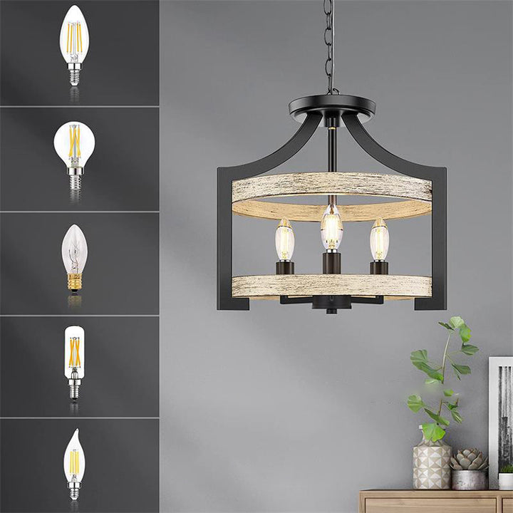 Lámpara colgante de 3 luces de hierro y madera con forma de jaula de pájaro vintage tradicional para comedor 