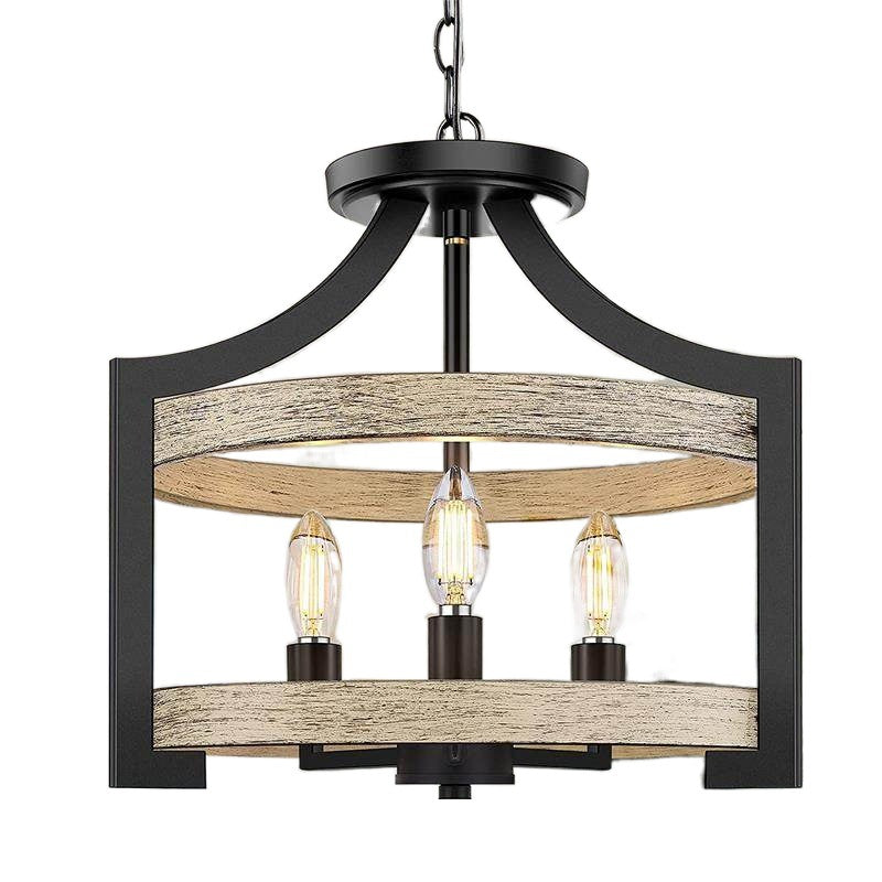 Lámpara colgante de 3 luces de hierro y madera con forma de jaula de pájaro vintage tradicional para comedor 