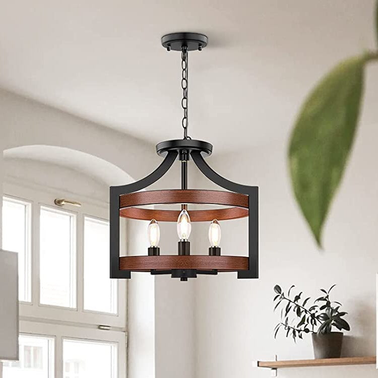 Lámpara colgante de 3 luces de hierro y madera con forma de jaula de pájaro vintage tradicional para comedor 