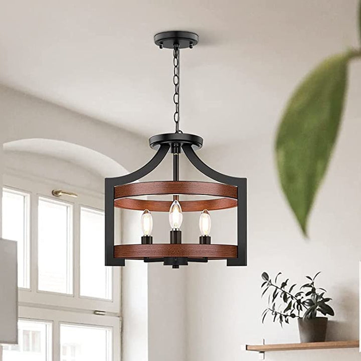 Lámpara colgante de 3 luces de hierro y madera con forma de jaula de pájaro vintage tradicional para comedor 