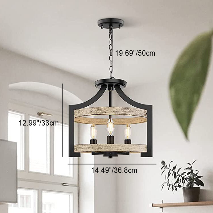Lámpara colgante de 3 luces de hierro y madera con forma de jaula de pájaro vintage tradicional para comedor 