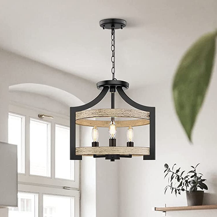 Lámpara colgante de 3 luces de hierro y madera con forma de jaula de pájaro vintage tradicional para comedor 