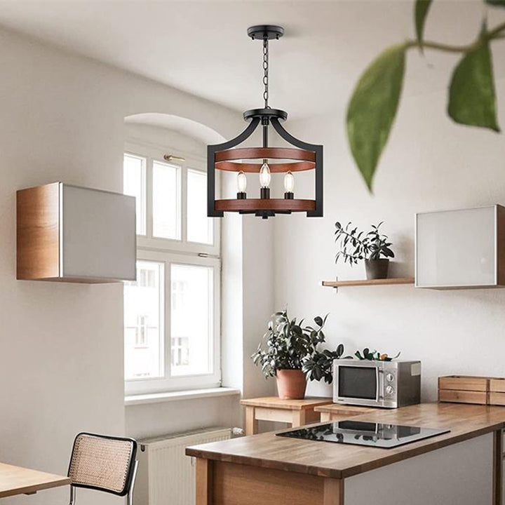 Lámpara colgante de 3 luces de hierro y madera con forma de jaula de pájaro vintage tradicional para comedor 