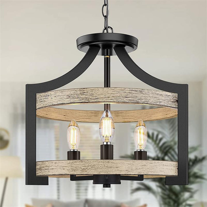 Lámpara colgante de 3 luces de hierro y madera con forma de jaula de pájaro vintage tradicional para comedor 