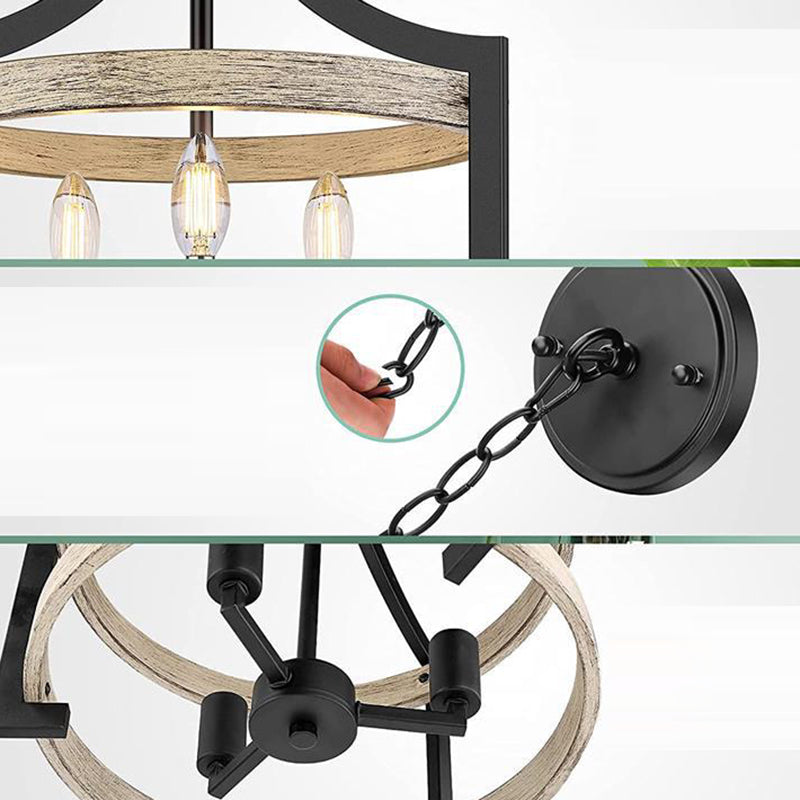 Lámpara colgante de 3 luces de hierro y madera con forma de jaula de pájaro vintage tradicional para comedor 