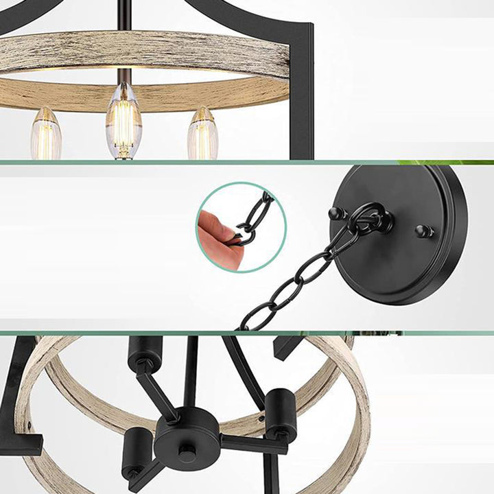Lámpara colgante de 3 luces de hierro y madera con forma de jaula de pájaro vintage tradicional para comedor 