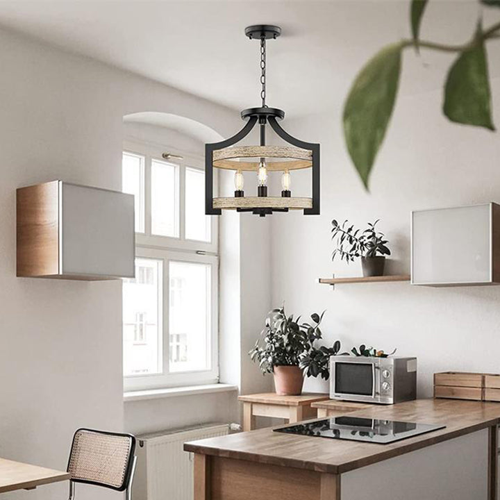 Lámpara colgante de 3 luces de hierro y madera con forma de jaula de pájaro vintage tradicional para comedor 