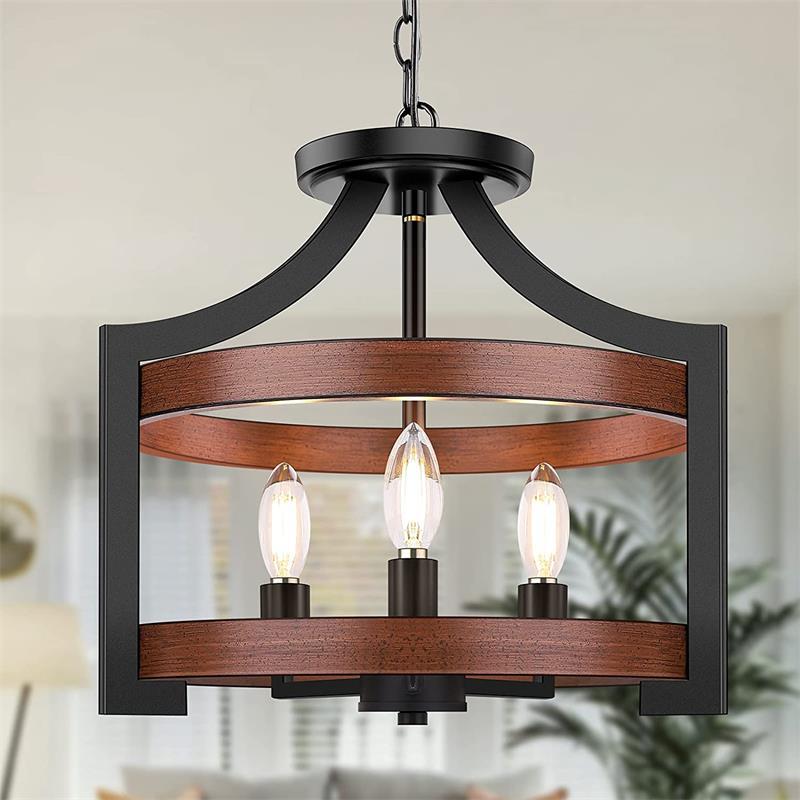 Lámpara colgante de 3 luces de hierro y madera con forma de jaula de pájaro vintage tradicional para comedor 