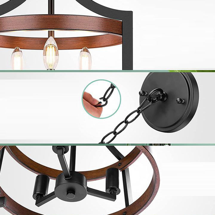 Lámpara colgante de 3 luces de hierro y madera con forma de jaula de pájaro vintage tradicional para comedor 
