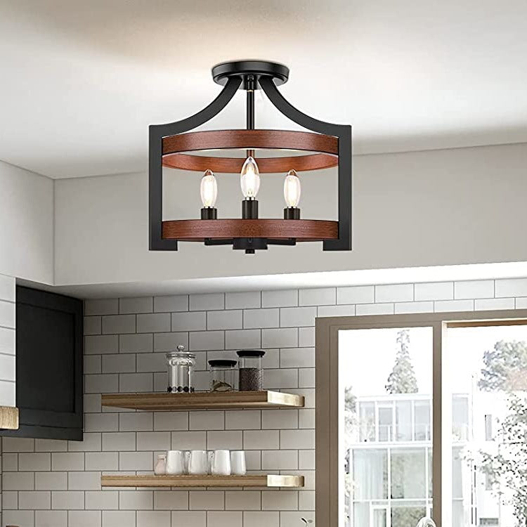 Forme de cage à oiseaux vintage traditionnelle en bois et fer 3 - Lumière semi-encastrée pour salle à manger 