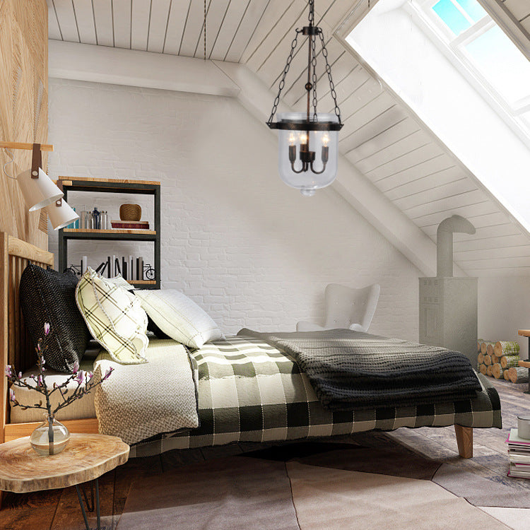 Traditionelle rustikale halbkreisförmige Eimer Eisen Glas 3 - Licht Pendelleuchte für Esszimmer 