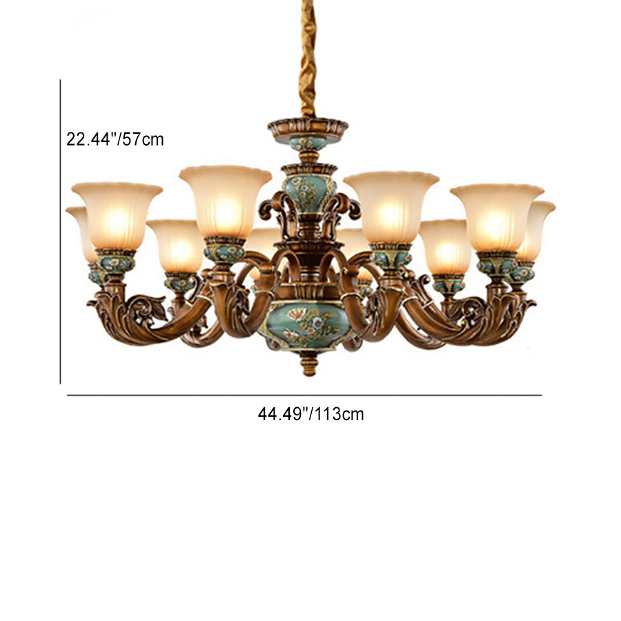 Traditionelles europäisches Blumenmuster Blütenblattform Harz Eisen Glas 3/6/8/10 - Lichtkronleuchter für Wohnzimmer 