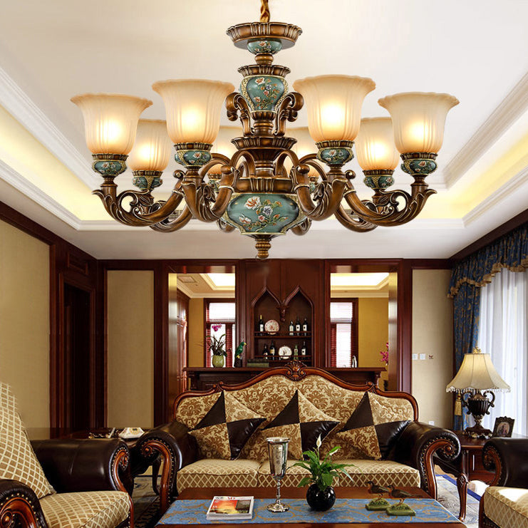 Traditional European Flower Pattern Petal Shape Resin Iron Glass 3/6/8/10 - Light Chandeliers For Living Room