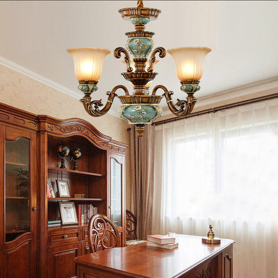Traditional European Flower Pattern Petal Shape Resin Iron Glass 3/6/8/10 - Light Chandeliers For Living Room