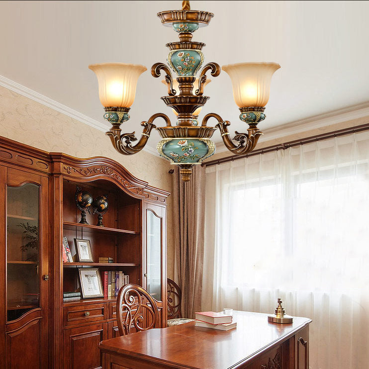 Traditional European Flower Pattern Petal Shape Resin Iron Glass 3/6/8/10 - Light Chandeliers For Living Room