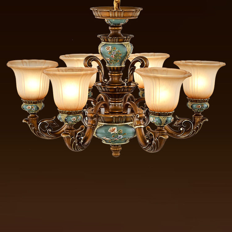 Traditional European Flower Pattern Petal Shape Resin Iron Glass 3/6/8/10 - Light Chandeliers For Living Room