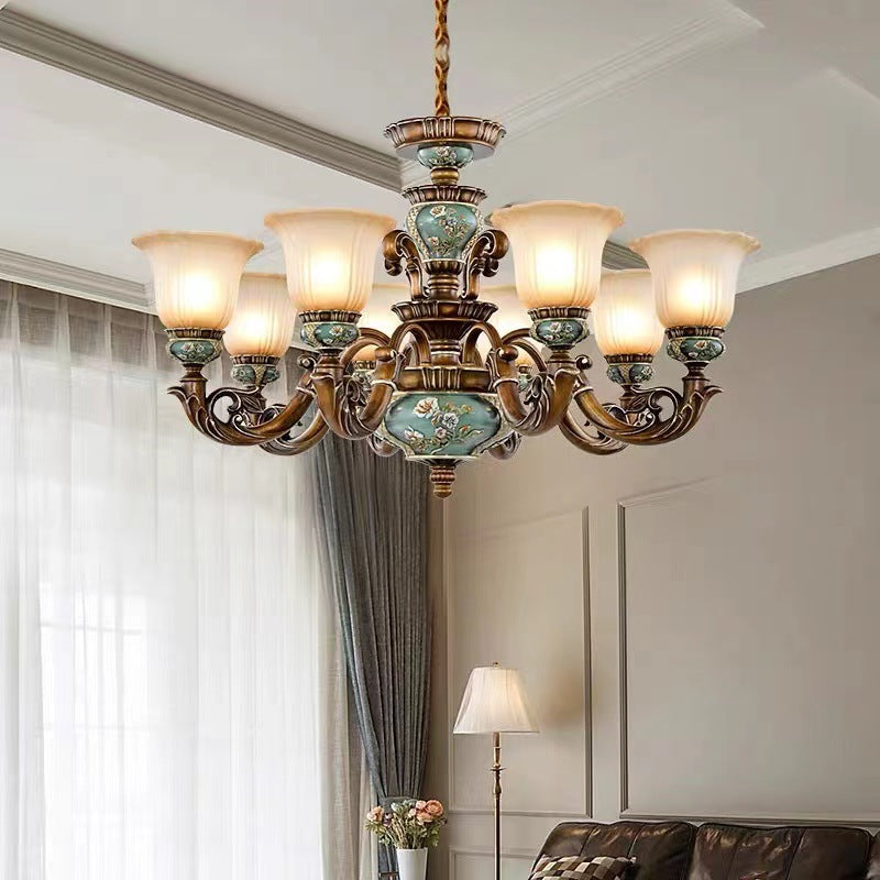 Traditionelles europäisches Blumenmuster Blütenblattform Harz Eisen Glas 3/6/8/10 - Lichtkronleuchter für Wohnzimmer 