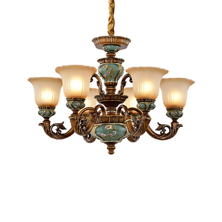 Traditionelles europäisches Blumenmuster Blütenblattform Harz Eisen Glas 3/6/8/10 - Lichtkronleuchter für Wohnzimmer 