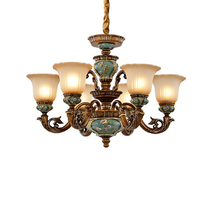 Traditionelles europäisches Blumenmuster Blütenblattform Harz Eisen Glas 3/6/8/10 - Lichtkronleuchter für Wohnzimmer 