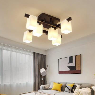 Modern Simplicity Square Acrylic Rubber Wood 4/6/8 - Light Semi-Flush Mount Ceiling Light For Living Room