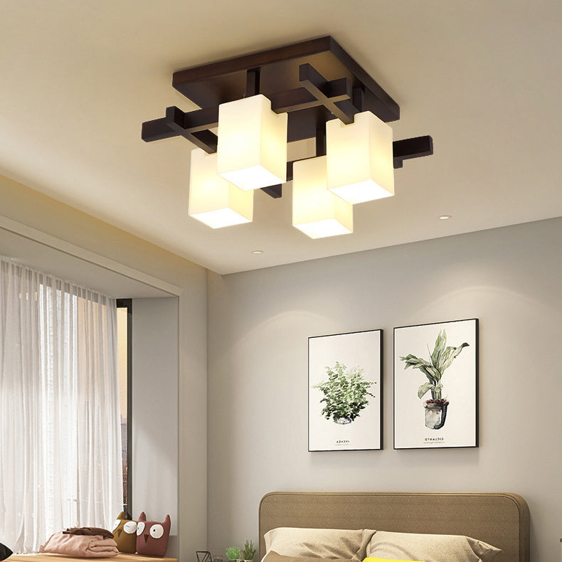 Modern Simplicity Square Acrylic Rubber Wood 4/6/8 - Light Semi-Flush Mount Ceiling Light For Living Room