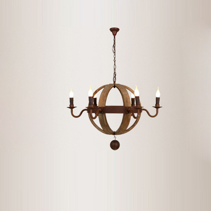 Contemporary Retro Round Ball Wood Iron Hardware 6 - Light Chandelier For Dining Room