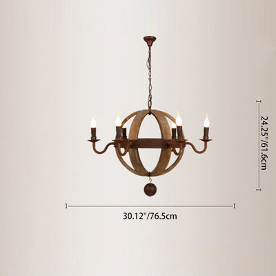 Contemporary Retro Round Ball Wood Iron Hardware 6 - Light Chandelier For Dining Room