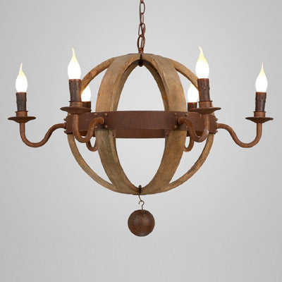 Contemporary Retro Round Ball Wood Iron Hardware 6 - Light Chandelier For Dining Room