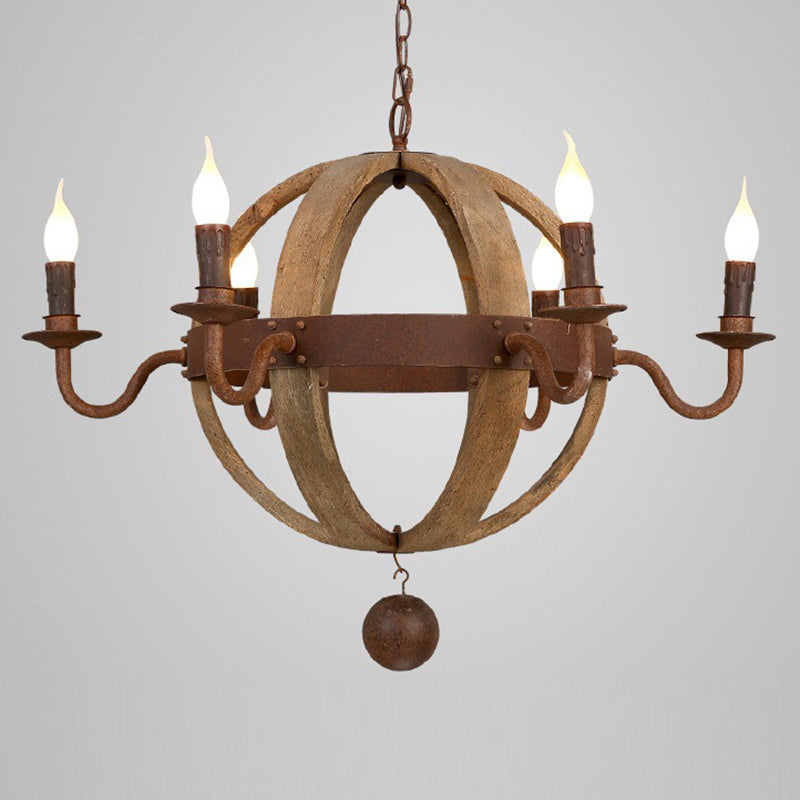 Contemporary Retro Round Ball Wood Iron Hardware 6 - Light Chandelier For Dining Room