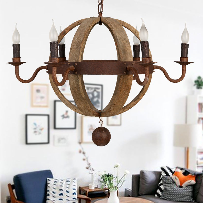 Contemporary Retro Round Ball Wood Iron Hardware 6 - Light Chandelier For Dining Room